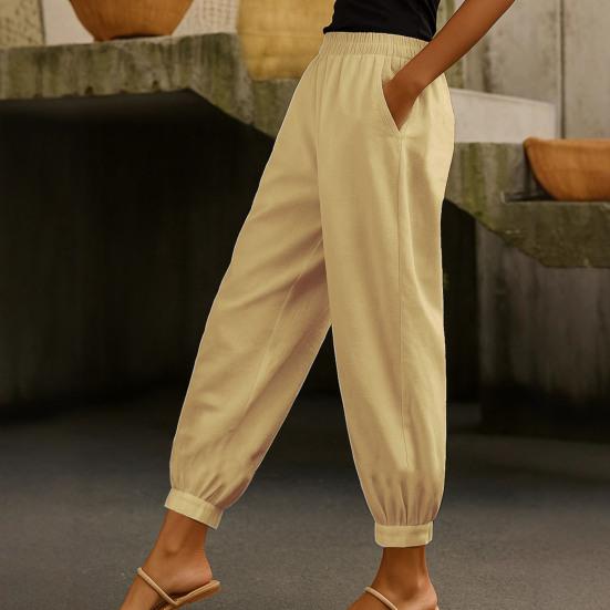 Women Casual Pants Elastic Mid-rise Wide Leg Ankle-Tied Design Long Trousers with Pockets Pure