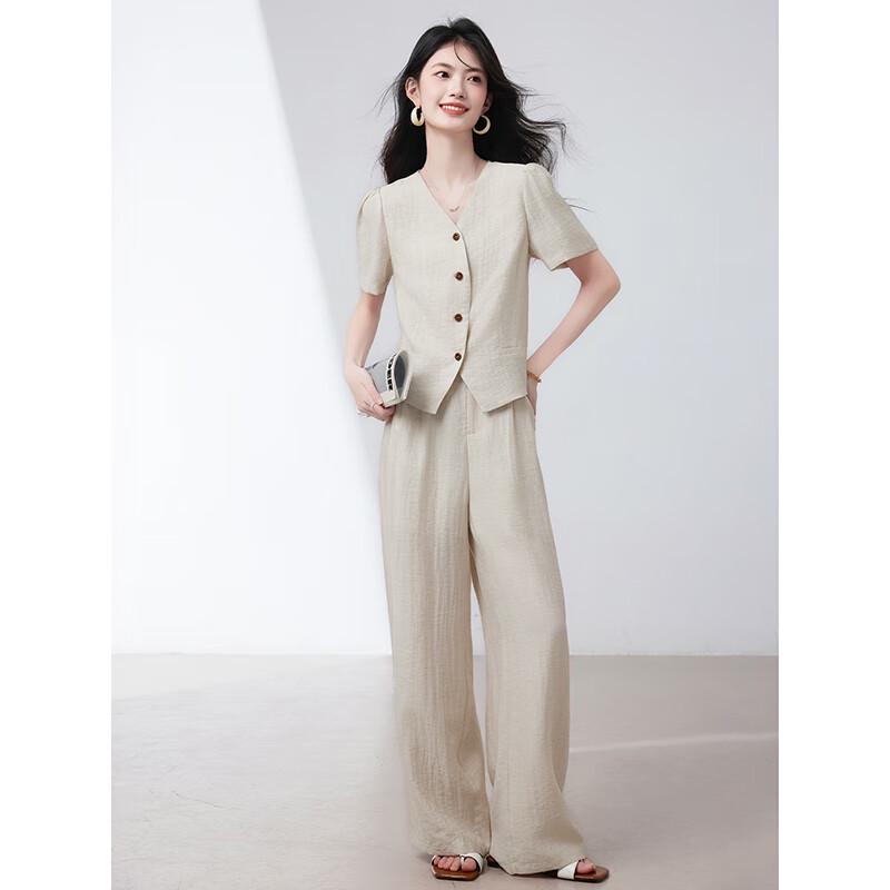 Women's Summer 2025 V-Neck Shirt & Wide-Leg Pants Two-Piece Set
