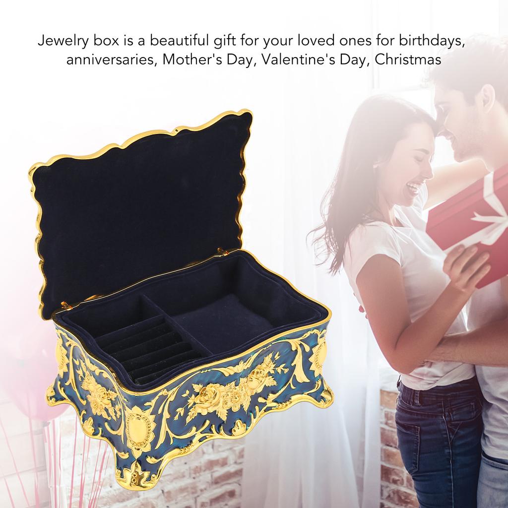 Vintage Jewelry Box European Style Metal Enamel Jewelry Box Double Layer Rectangular Trinket Storage Box Gold Blue
