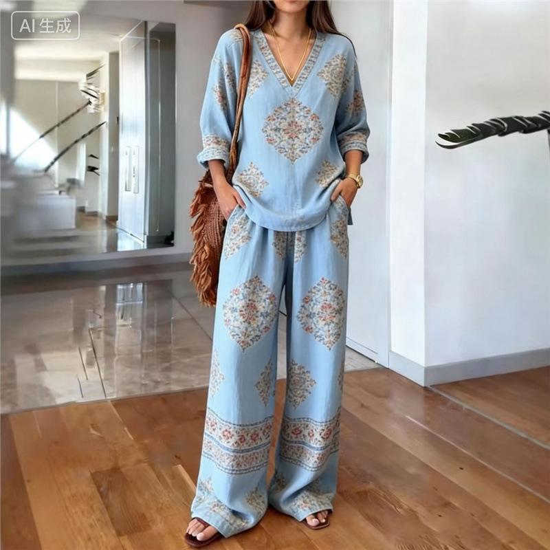 Printed temperament top wide-leg pants two-piece women's clothing European and American fashion suit