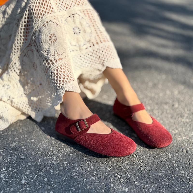 Johnature Retro Yumuşak İnek Derisi Tokalı Sığ Babetler Çok Yönlü Yuvarlak Burunlu Yumuşak Tabanlı Kadın Ayakkabıları