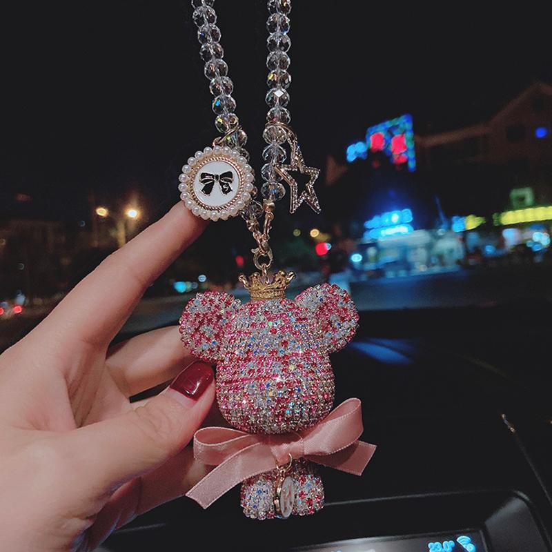 Fashion Crystal Cartoon Gloomy Bear Car Hanging Ornaments Rhinestone Tassels Crystal Pendant Rear View Mirror Car Decoration