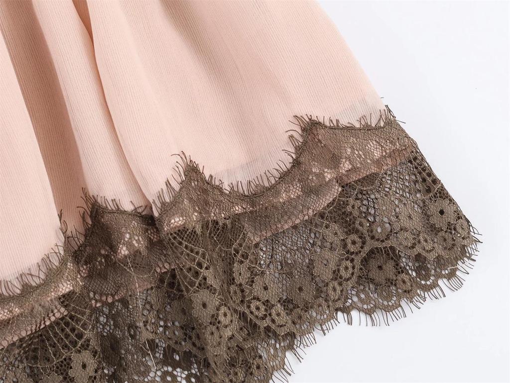 Sweet & Spicy Lace Patchwork Sleeveless Camisole Dress with Contrasting V-Neck Mini Skirt