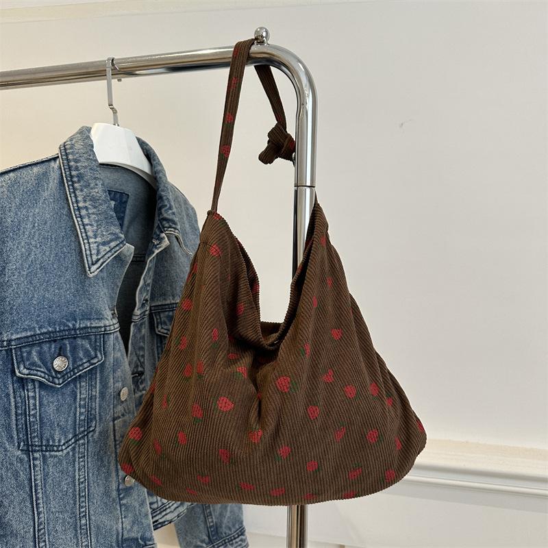 

Вельветовая сумка 2025 новая на плечо большая вместимость сумка-тоут для поездок на работу литературная универсальная с принтом подмышечная сумка-тоут