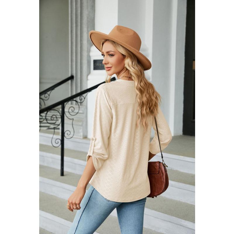 YYFS Blusas y camisas con cuello en V y mangas 3/4 con estampado de color sólido informal para verano y primavera para mujer