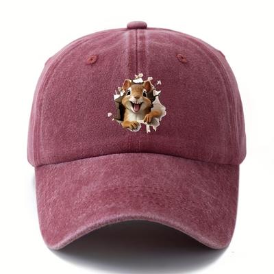 Cartoon Squirrel Print Retro Washed Lightweight Curved Brim Hat Suitable for Outdoor Vacation, Camping Truck Driver Hat