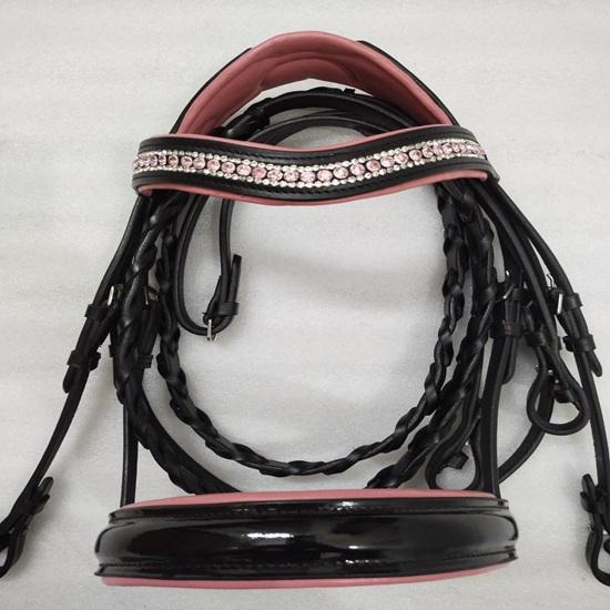 Leather Padded Comfort Bridle with Pink Color Stone & Padding Dressage Bridle .