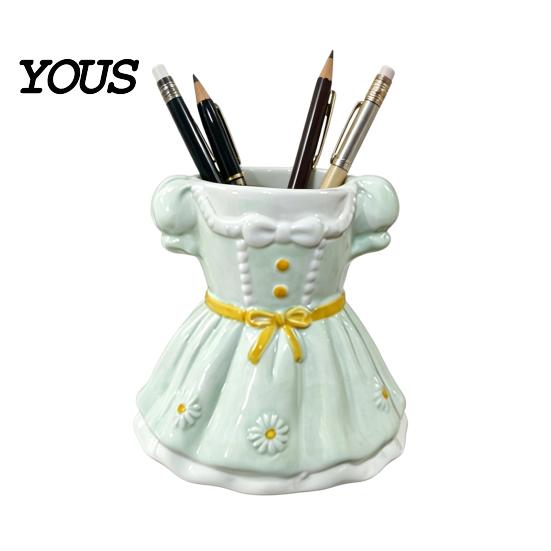 Desk Organizer Bow Dress Pencil Cup, Ceramic Organizer, Cute Makeup Stationery Brush Holder for Girls Room, Office Gift Women