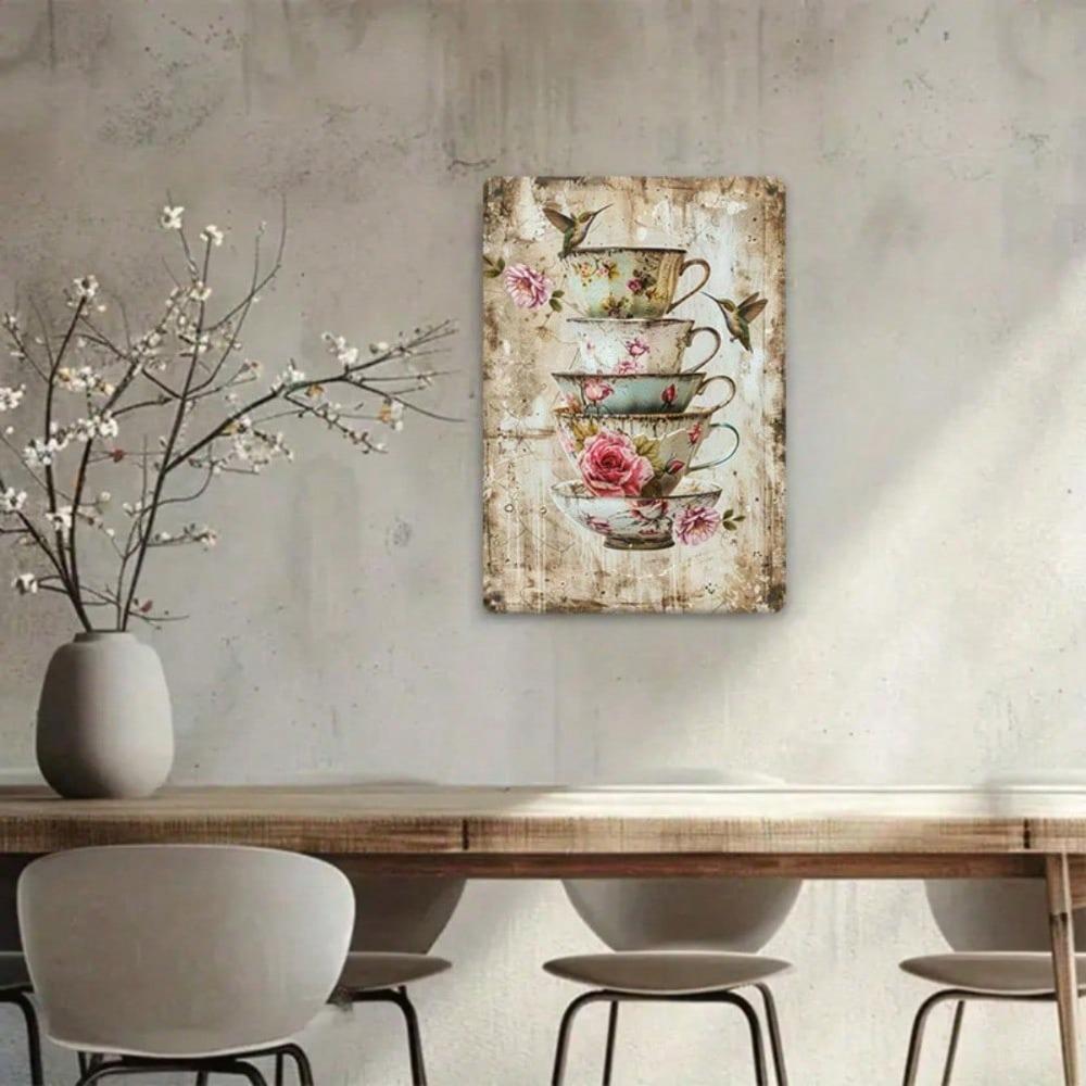 Route 66 Vintage Metal Sign Rustic Floral Teapots Butterflies Wall Art Non-Fading Durable Decor