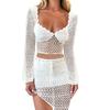 Versatile European and American Women's Clothing Low-Cut Sexy Cut Out Long Sleeves Midriff-Baring Top Asymmetrical Skirt Knitting Suit