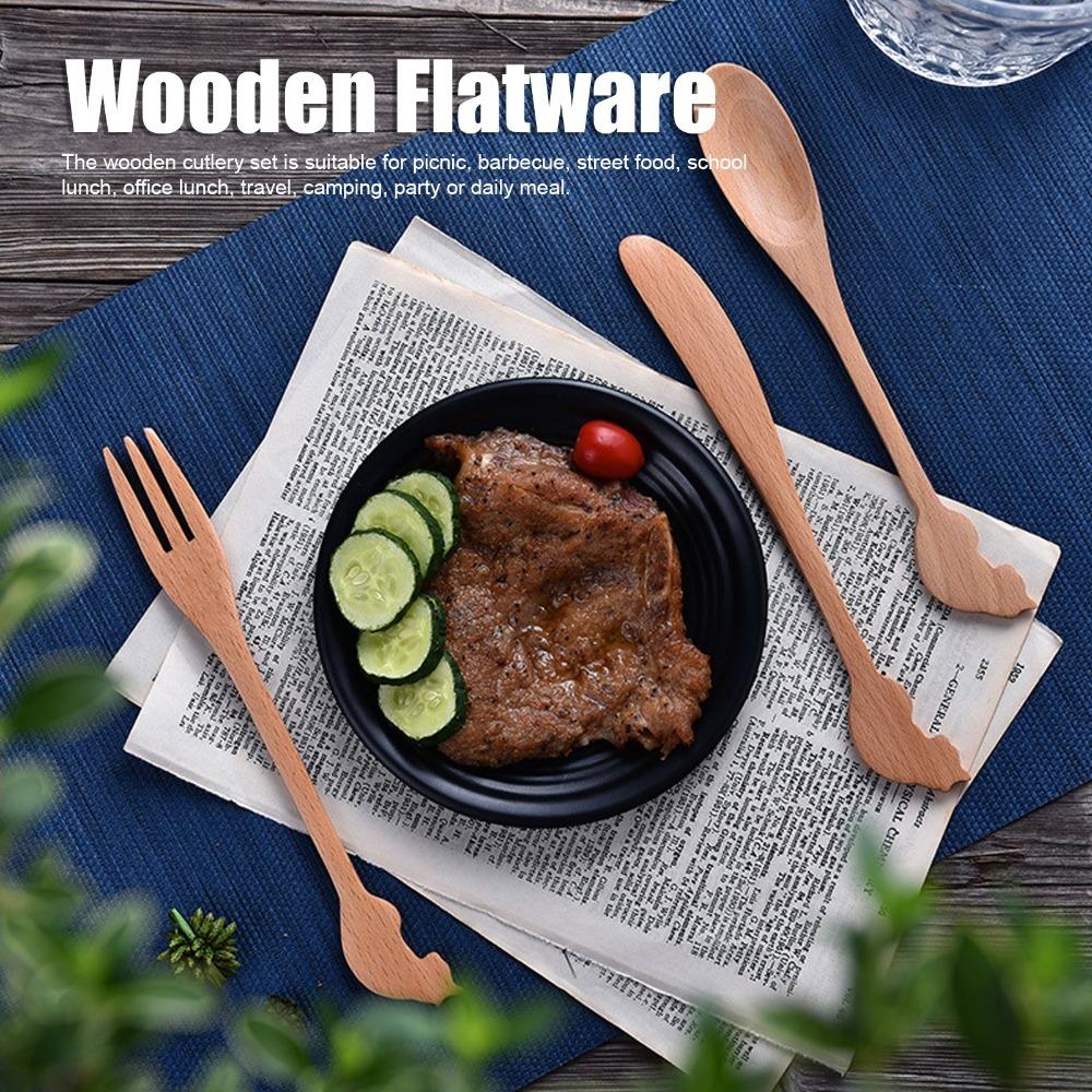 3Pcs Wood Grain Texture Tableware Set Solid Wood Dining Kit Utensil Pack  Table Decoration