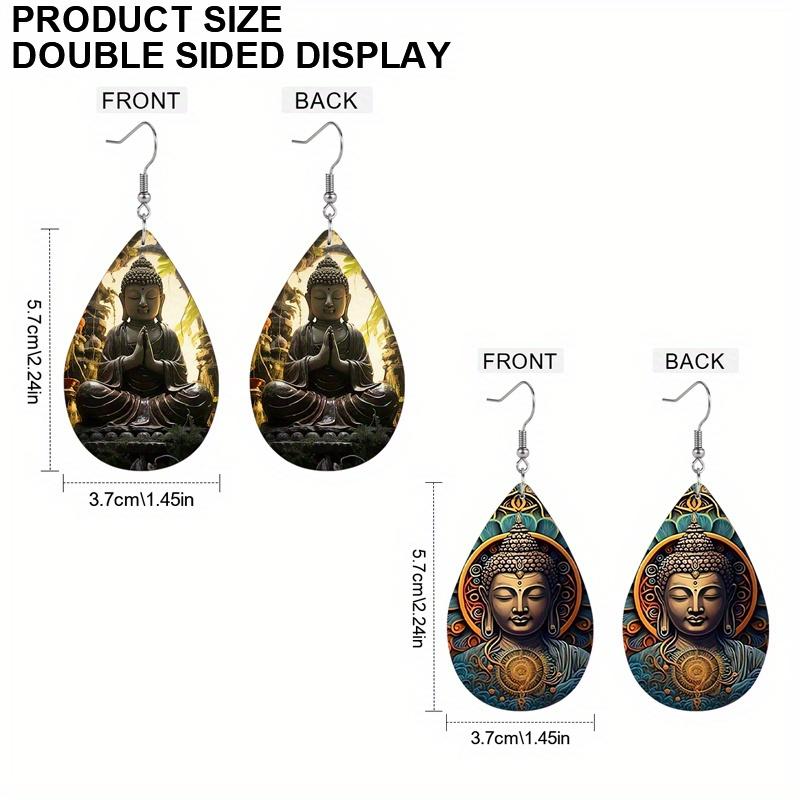 Retro Buddha Statue PU Leather Earrings Double-sided Pattern Print Water Drop Earrings Women Vintage Classic Earrings Simple Gifts for Friends