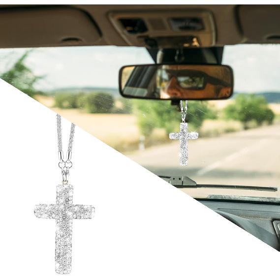 Bling Car Rear View Mirror Accessories Hanging Pendant,Cross Crystal Rhinestone For Car Mirror Hanging,Double-Sided Cross Diamond Religious,Interior серебряный