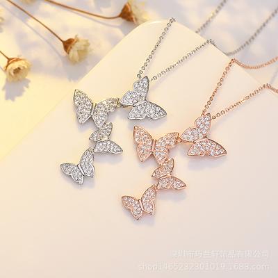 Damen Trendy New Style Vier Volldiamanten Schmetterling Schlüsselbein Kette Einfacher Anhänger Schmuck