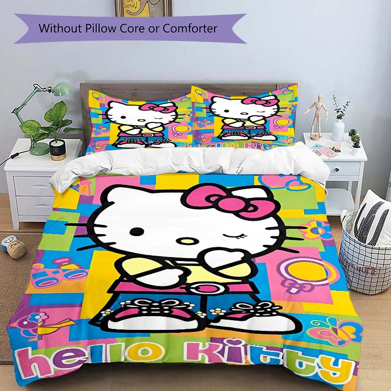 3pcs Hello Kitty In a Playful Pose Pattern Bedding Three-Piece Set (1 Cover + 2 Pillowcases, No Fillings), Soft and Comfortable S038