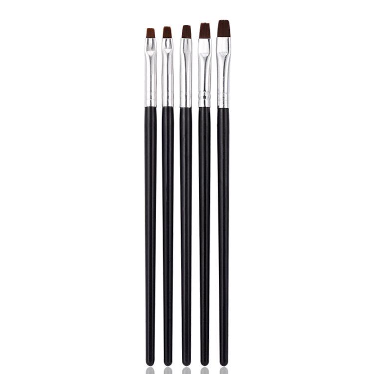 Nail Art Brush Set – 5-Piece: Black Handle, Flat Head, Gel & French Gel Striping Brushes