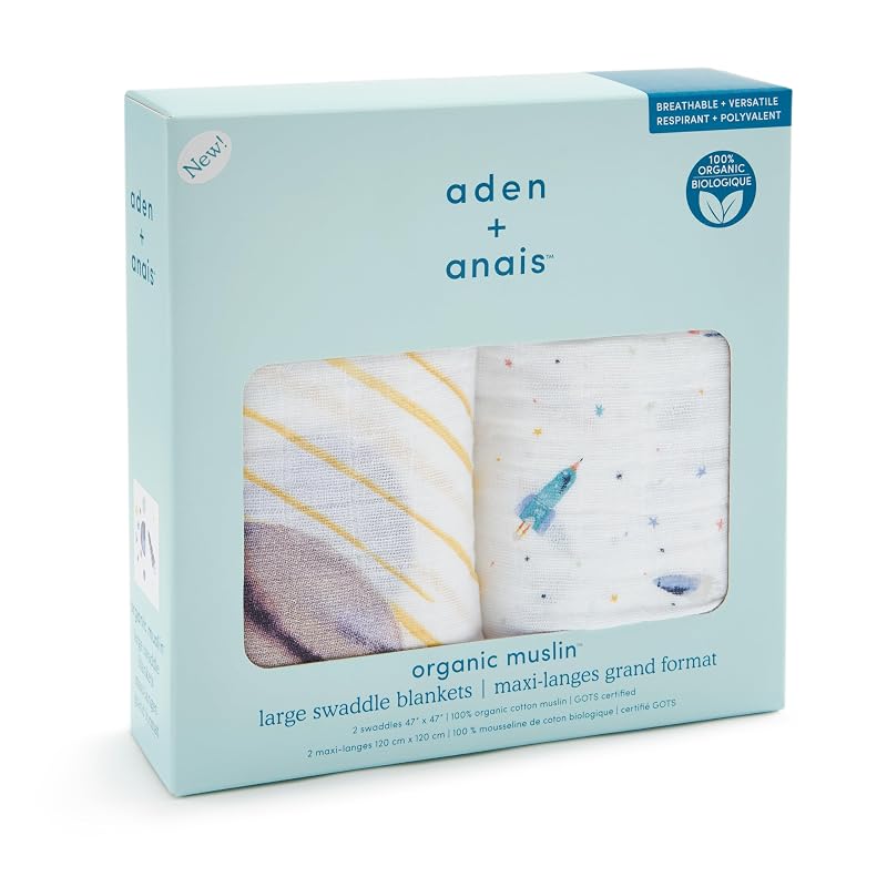 aden+anais Swaddle Space Organic 2-Piece Set for Newborns, 120cm x 120cm, Cotton Muslin (SWADABASWO20013)
