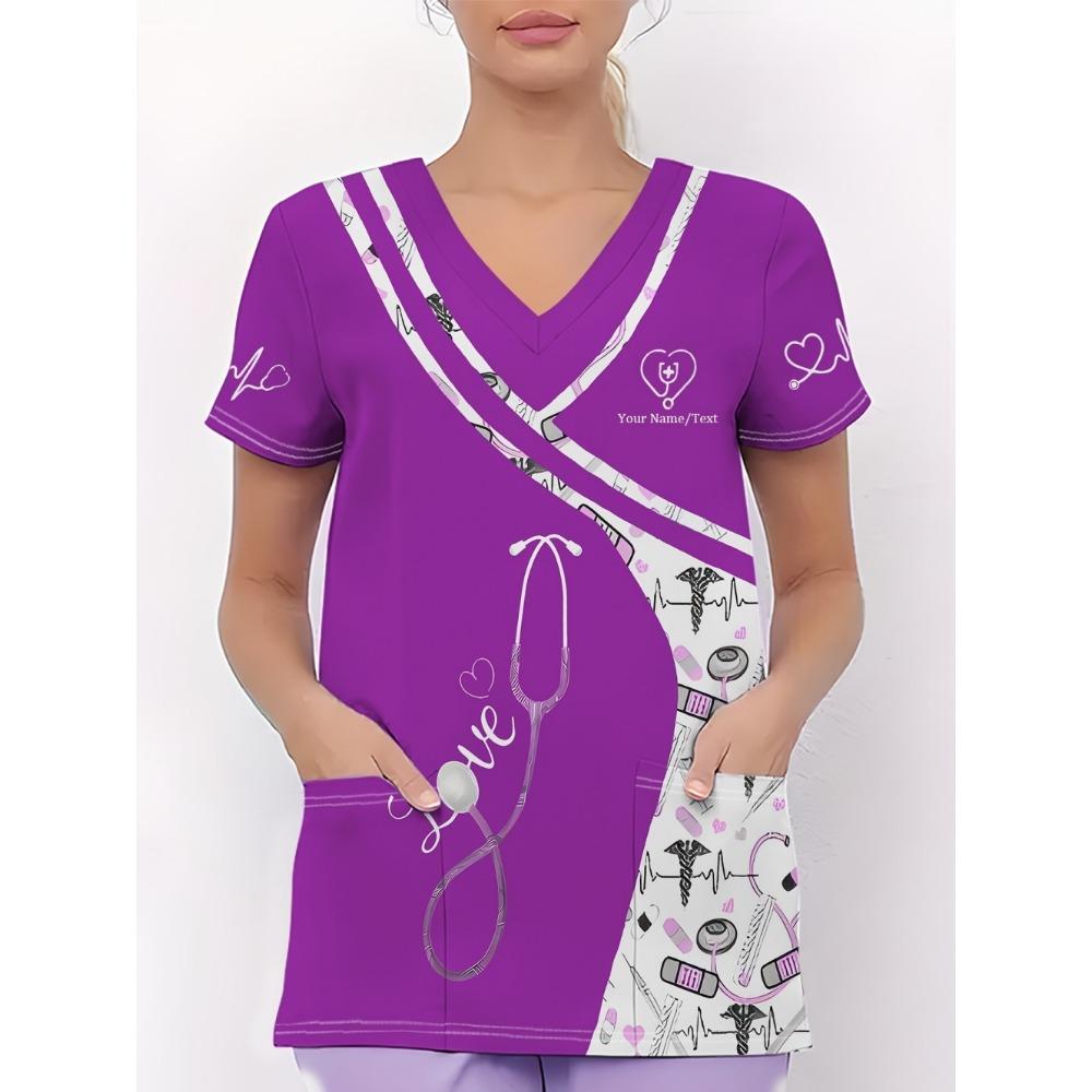 Clinical Uniform Woman Stethoscope Print V-Neck Short Sleeve Nurse Uniform Tops Fashion with Pocket Dentist Nurse Uniform Woman