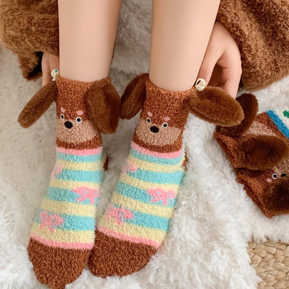 Polka Dot Puppy Ears Coral Fleece Socks Plush Floor Socks Sweet Dog Thicken Velvet Socks Girls