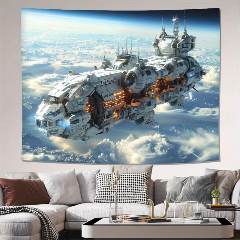 2D Futuristic Starship Tapestry Spaceship Over Earth Cloudscape for Sci-Fi Room Wall Art 47.2x31.5inch/120*80cm