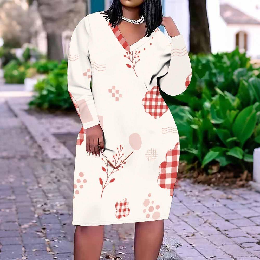 Women Plus Size V Neck Long Sleeve Fitted Printed Straight Midi Dress