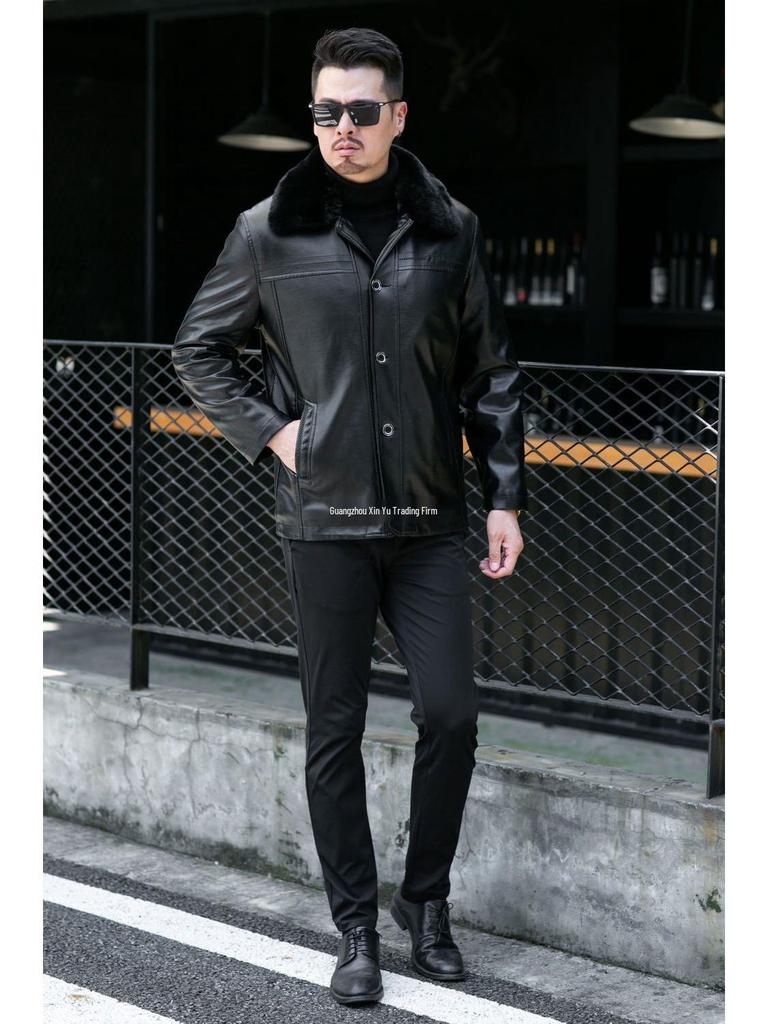 Men's Plus Velvet Leather Jacket with Thickened Fur Collar, Autumn/Winter Warmth, Ideal for Middle-Aged and Elderly Dads and Grandpas.