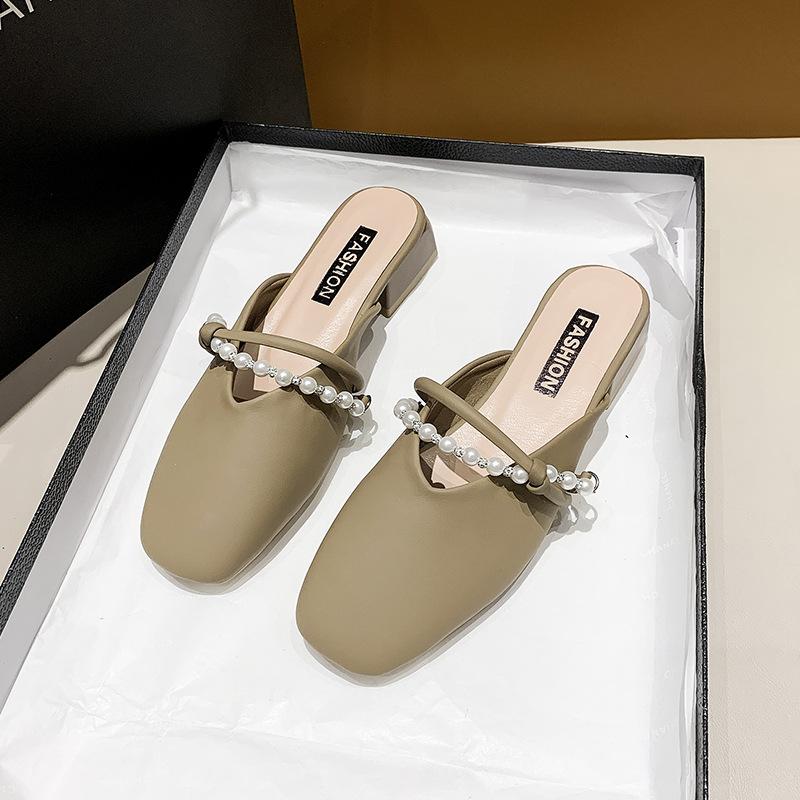 Baotou Half Slippers Female Summer Wear Thick Heel Temperament Fairy Evening Wind Pearl Word with Mary Jane Single Shoes Cool Slippers