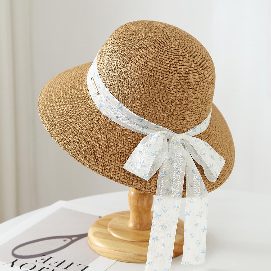 Sunscreen bucket hat women's ribbon bow straw hat sun hat sun hat big brim straw hat seaside beach hat
