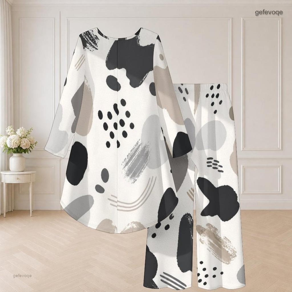 Women Plus Size Round Neck Long Sleeve Printed High Low Top Wide Leg Pants Two Piece Set