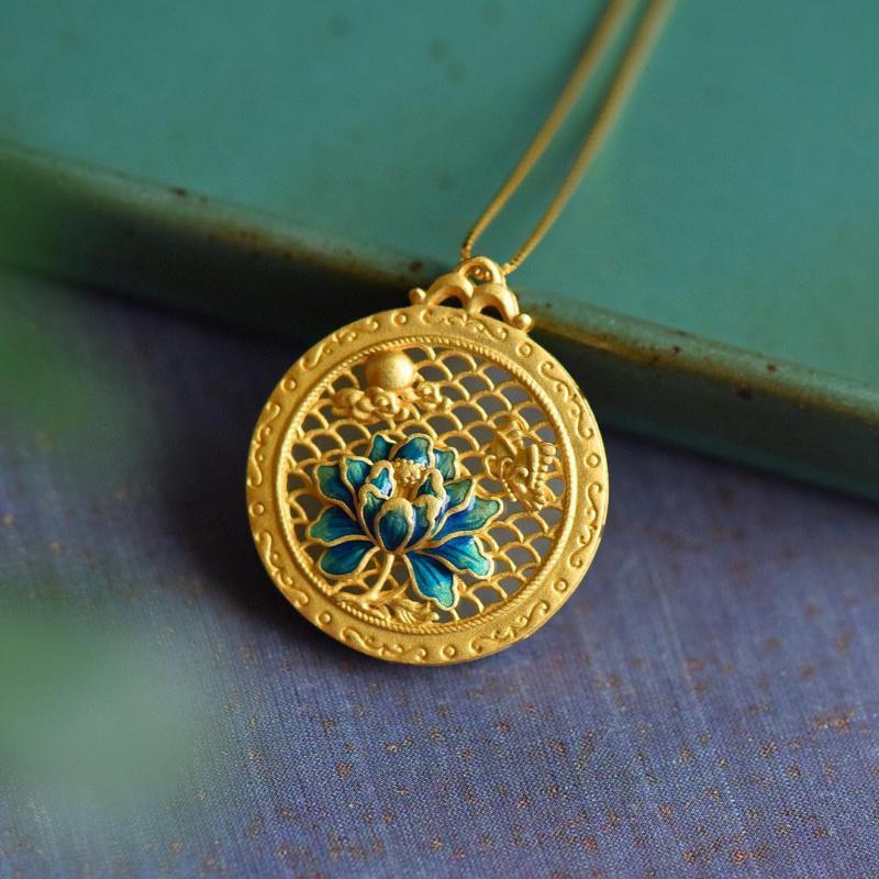 

Натуральный нефрит Хэтянь, старинное золото, эмаль, фарфор, китайский стиль, ожерелье с лотосом, ретро, круглый кулон-пластина, женские украшения 45cm