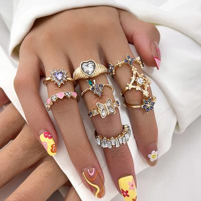 Stylish and Versatile Multi-element Bracelet Set, Vintage Diamond-encrusted Bracelet, Bohemian Cut-out Adjustable Ring