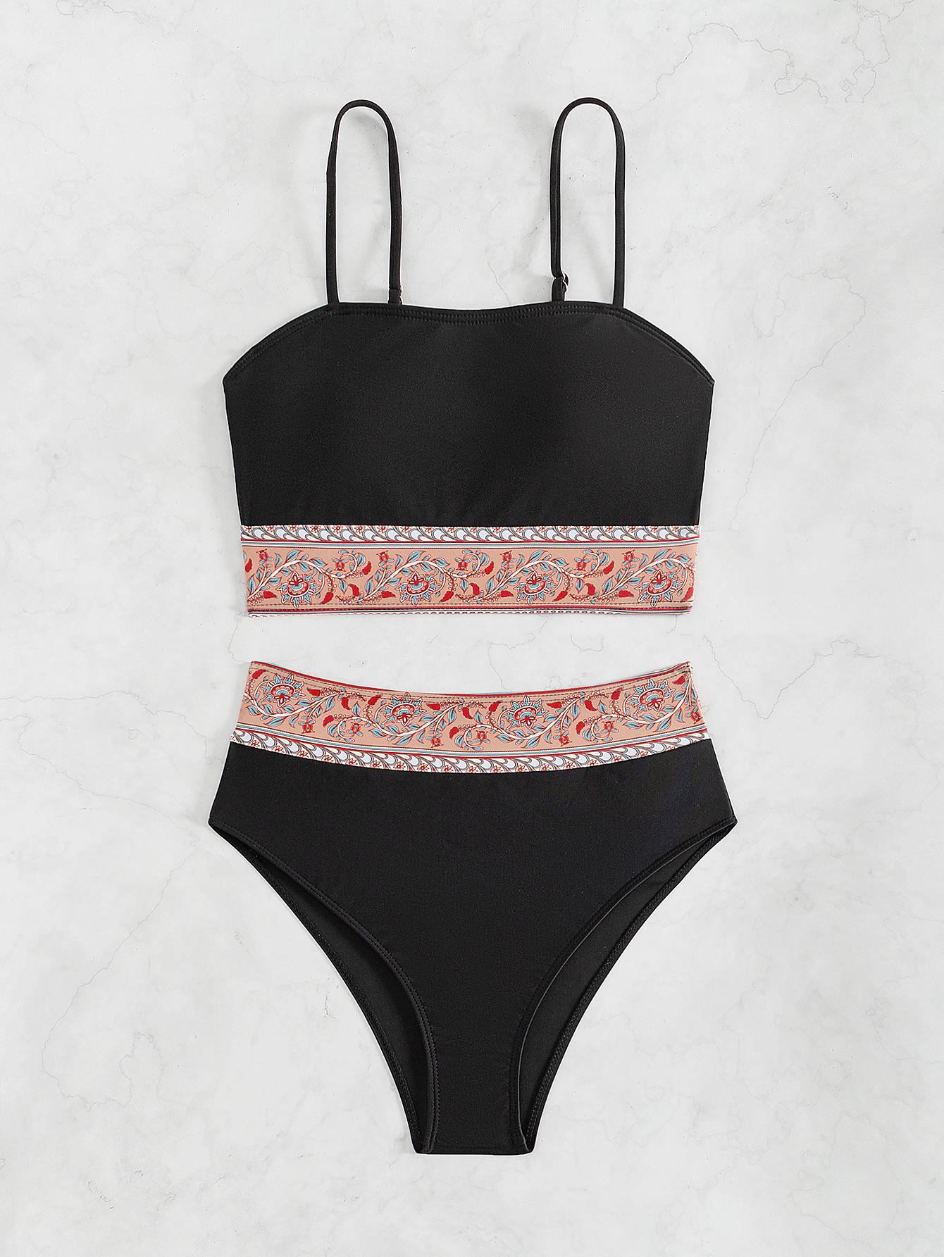 

2024 Женский Сексуальный Европейский и Американский Купальник Бикини Халтер с Высокой Талией, Лоскутное Шитье с Принтом Medium чёрный