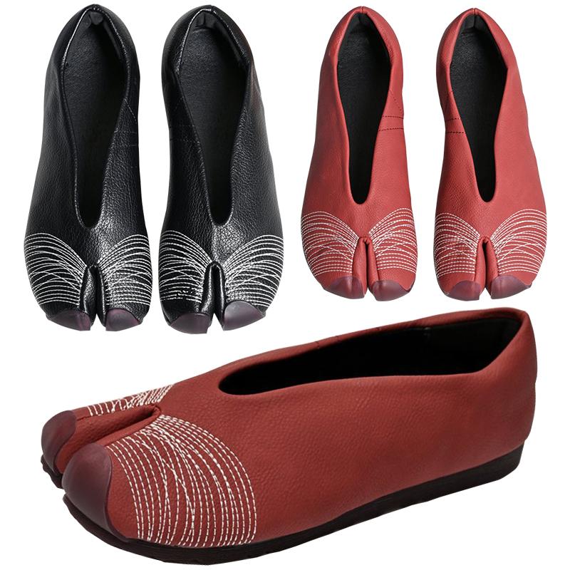 Women Genuine Leather Tabi Flats Woman Split Toe Pig Hoof Shoes Black Outdoor Walking Loafer Mary Janes Ballet Trainers Footwear