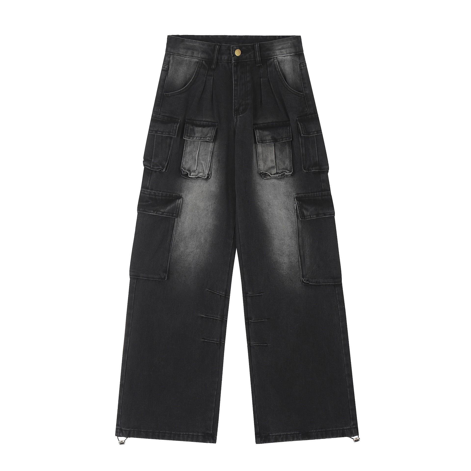 

Женские джинсы с широкими штанинами High Street с несколькими карманами и потертостями L чёрный