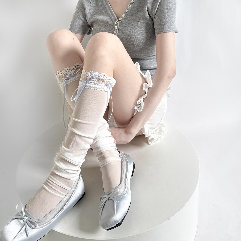 Summer Thin Lace Trim Bow Women'S Stockings Sweet Cute Lace-Up Ins Style Over-The-Knee Socks Japanese Jk Lolita Socks