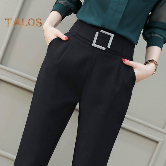 Women Casual Trousers High Waist Suit Pants Metal Buckle Pockets Solid Color Slim Fit Harem Pants Workwear