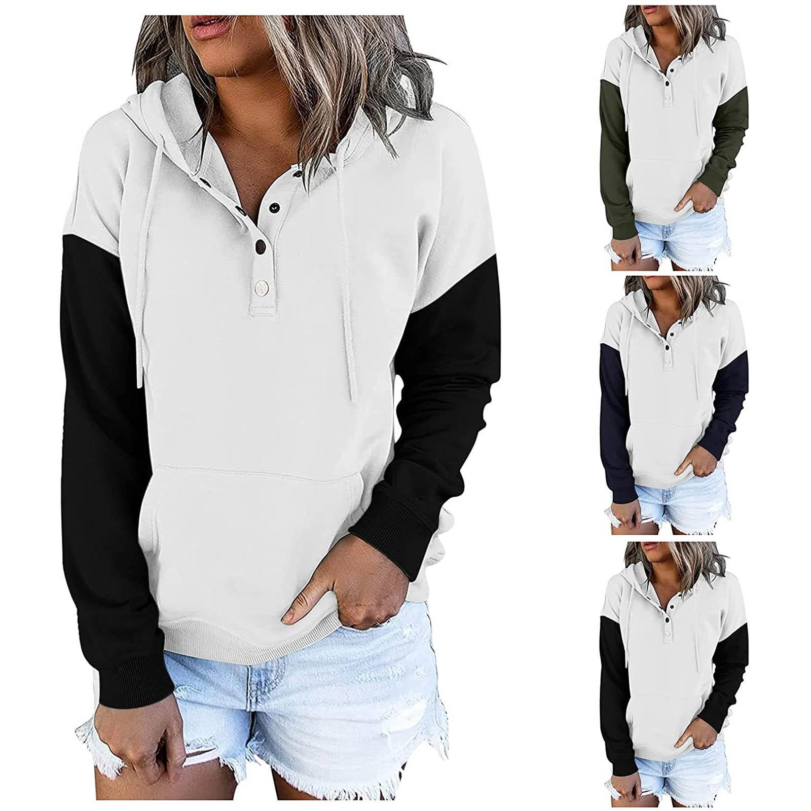 

Женские пуловеры с капюшоном Топы Повседневные толстовки на пуговицах с длинным рукавом и карманом