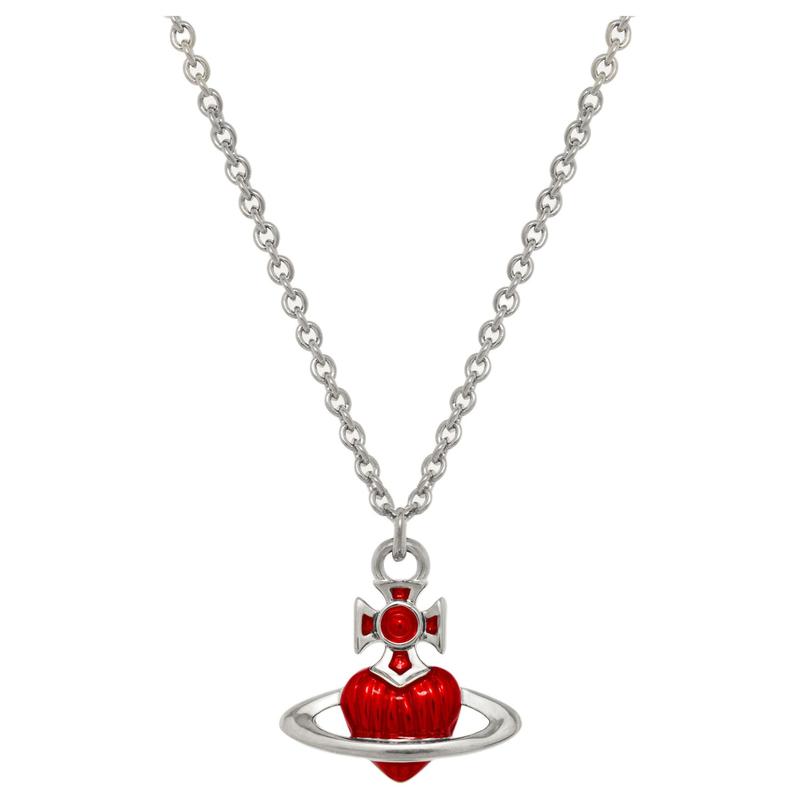 Vivienne Westwood Fabianna Saturn Retro Fiery Heart Brass Necklace Unisex Couple Style Silver/Red 630203HS-02P420 серебряный