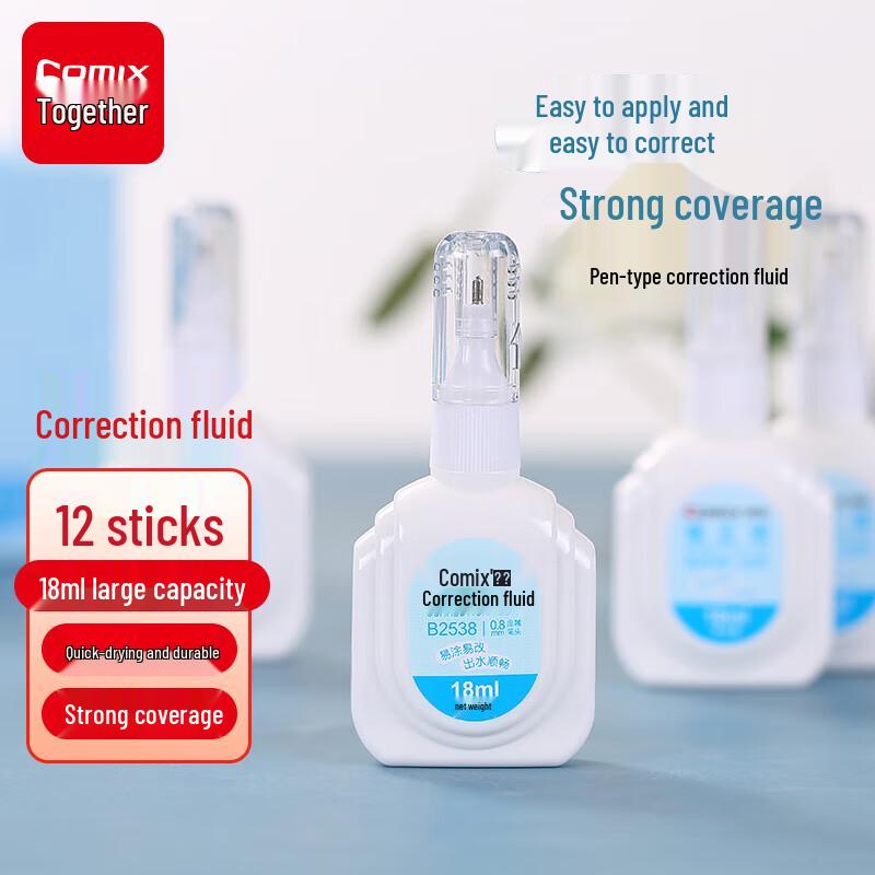 Comix B2538 Fast-Drying Correction Fluid, 18ml 12-Pack