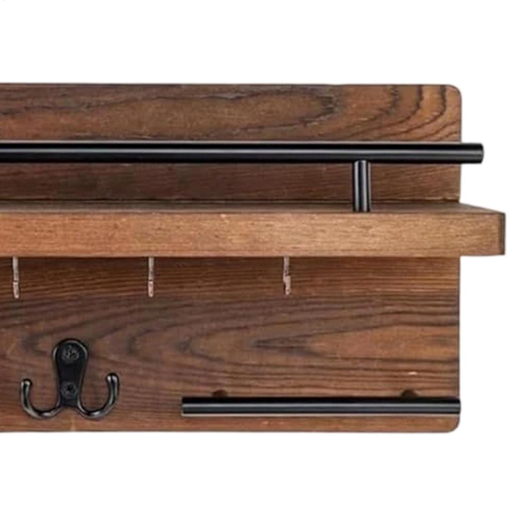 Wall Mounted Key Holder Wooden Retro Decorative Hanger with Floating Shelf Hook for Coat Mail Entryway Home Hat Backpack
