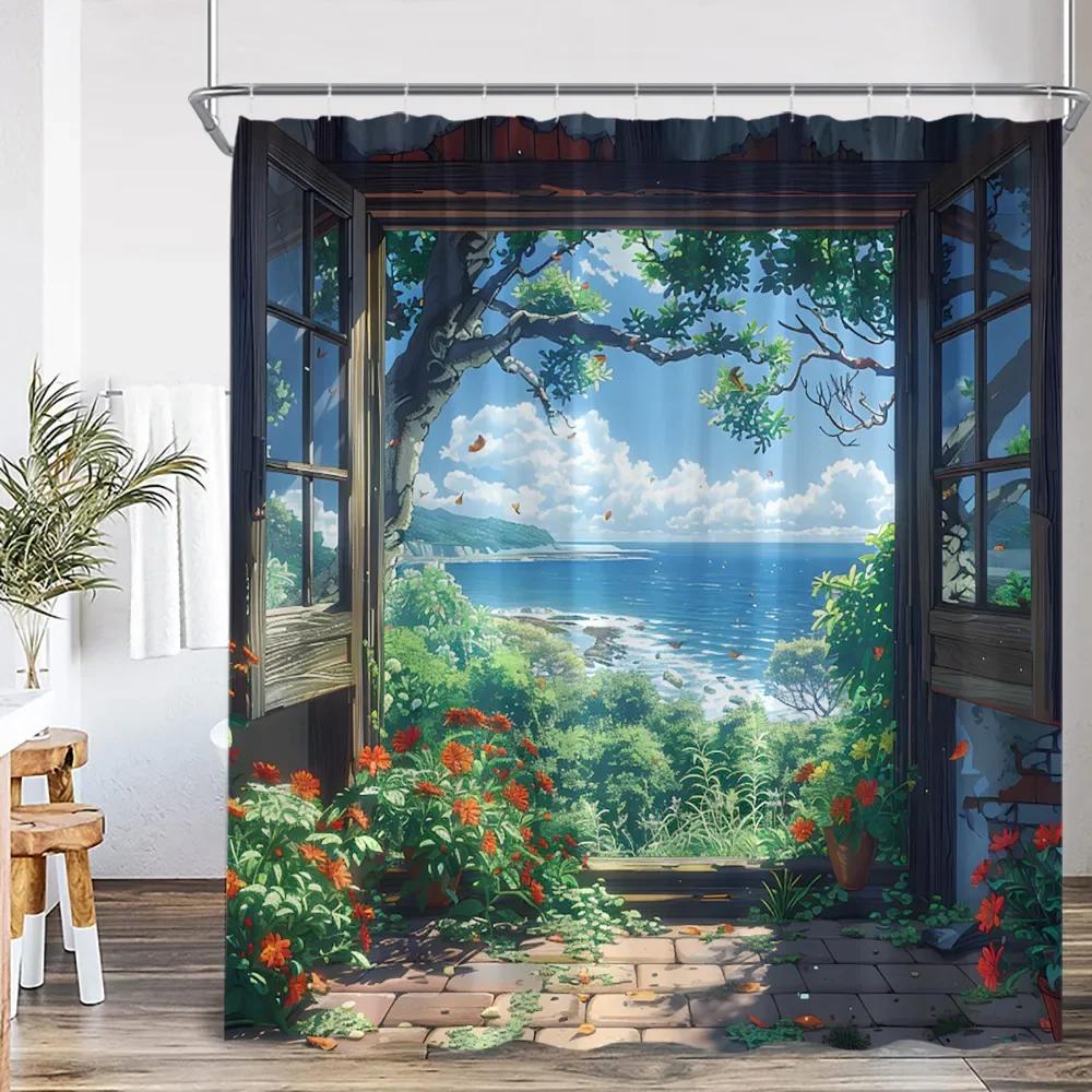 

Beach Shower Curtain Seaside Landscape Outdoor Scenery Summer Vacation Bathroom Decor Holiday Polyester Bath Curtain with Hooks 90x180cm