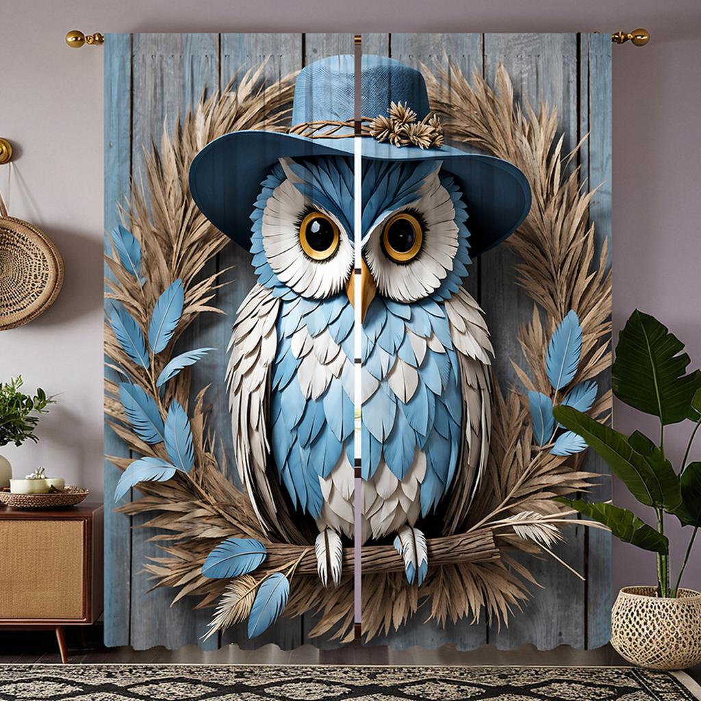 Set Of 2 Hd Garden Wind Straw Owl Decorative Curtain Blue Tie Digital Printed Home Decoration Style Living Curtains Made Polyester