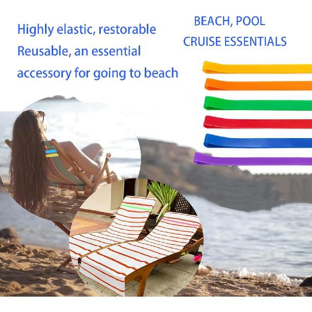 6pcs Towel Bands Silicone Rubber Towel Bands 12x0.4 inches for Beach Chair Stretchable Chair Bands Beach Towel Clips for Beach Pool & Cruise Chairs