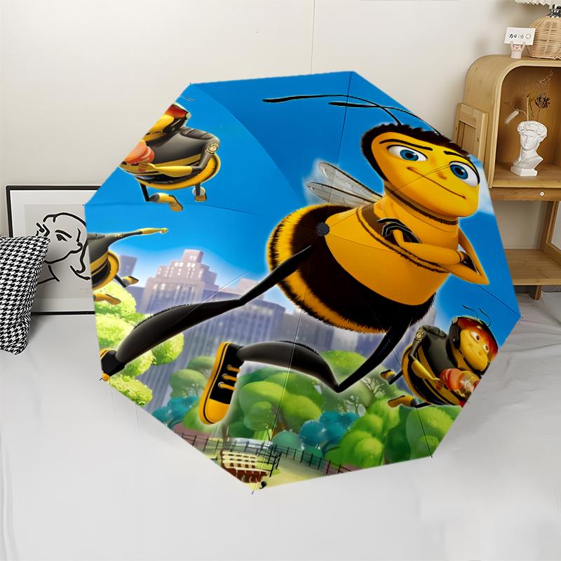 Bee Movie Print Automatic Umbrella, 8 Rib Iron Frame, Plastic Handle, Suitable for Outdoor Travel &Daily , Ideal Gift
