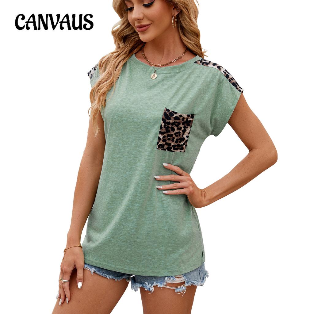 Summer Women's T-shirt Crew-neck Patchwork Leopard Pocket Short Sleeve Casual T-shirt Top