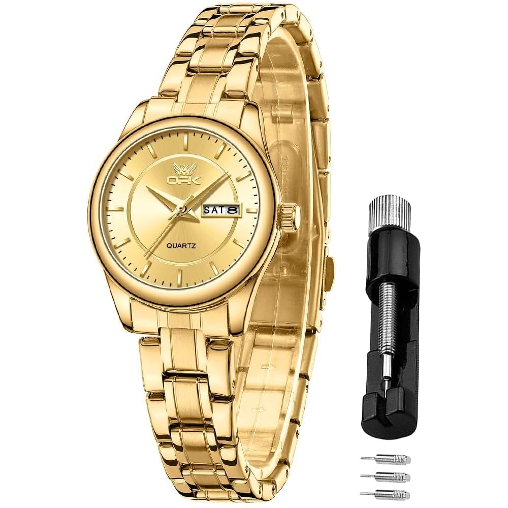 OPK Women s Quartz Watch Classic Dial Stainless Steel Band 30M Water Resistant Lightweight Business Watch Gold
