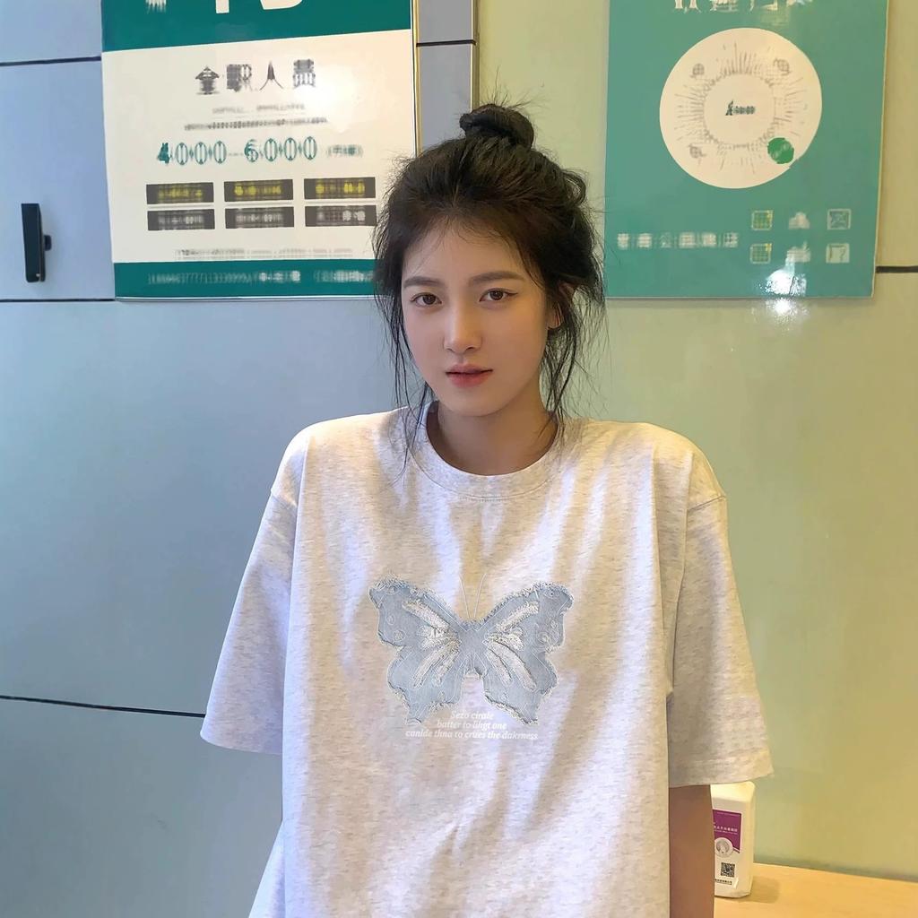 Butterfly Short-sleeved T-shirt Women's Summer New Design Sense Niche French Sweet Top Korean Chic Pure Cotton Half-sleeve