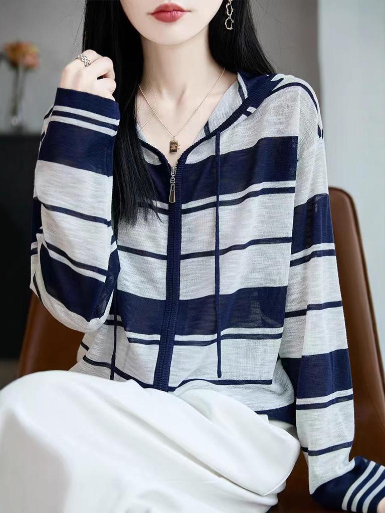 Women's Autumn Korean Striped Bamboo Linen Hooded Cardigan - Loose, Slimming Design