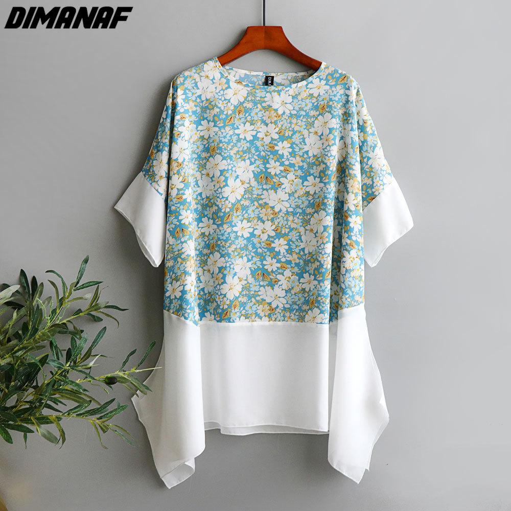 

DIMANAF Плюс Размер Женская футболка Белая летучая мышь Цветок Принт Пэчворк Шифон O-Neck Синий Топы Рубашка Свободное лето 2022 Новые тройники
