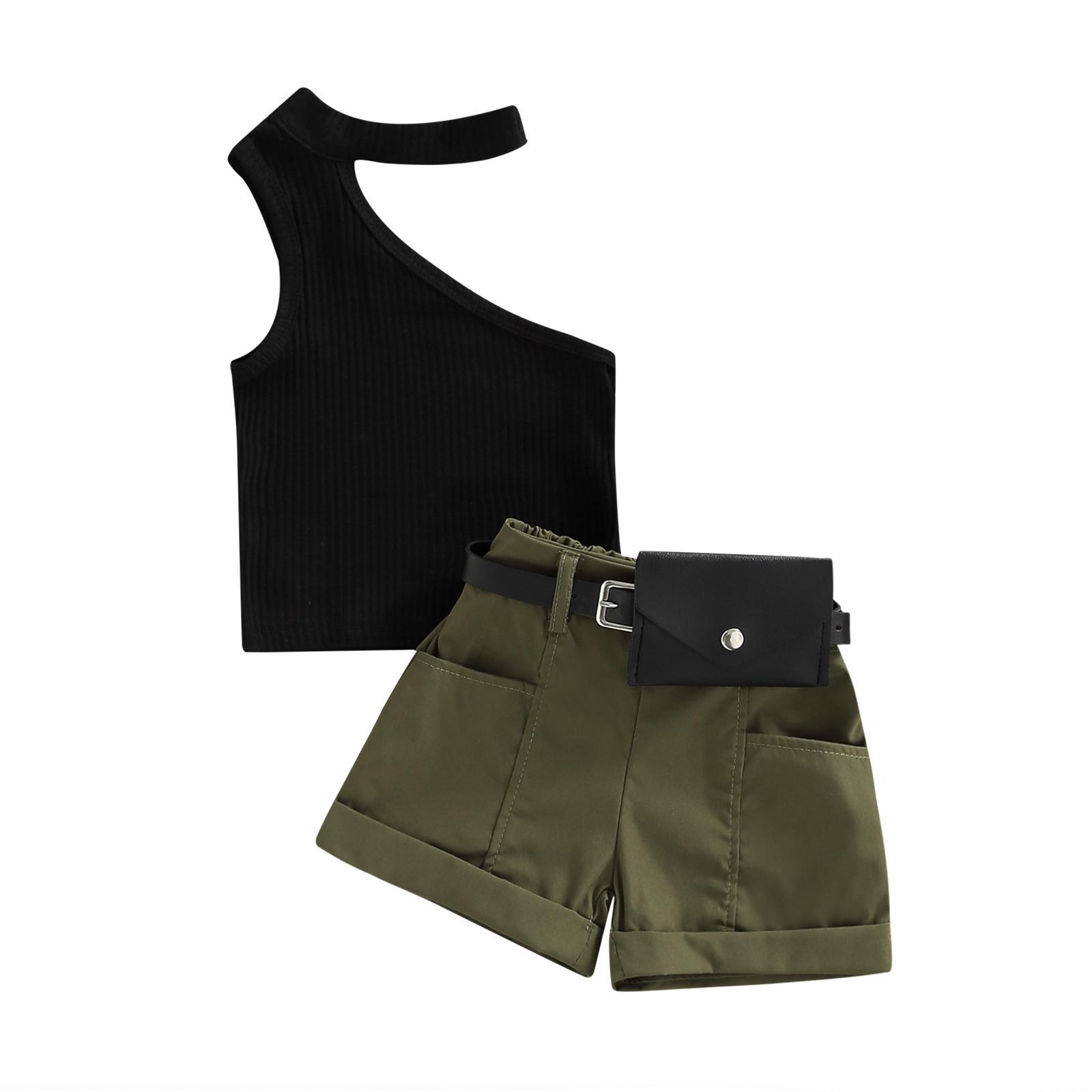 

Майки для маленьких девочек, топы + шорты + поясная сумка, украшения карманов, повседневный стиль, летняя одежда 1-2 Years чёрный